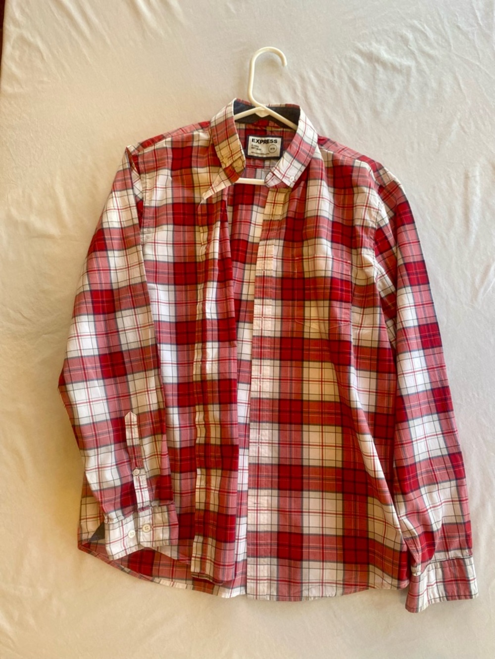 Express Men’s Red and White Plaid Button-Down Shirt‎